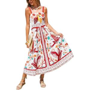 CUPSHE Women’s Beach Vacation Summer Dresses Square Neck Tropical Elastic Waist Sleeveless Maxi Dress(Red)