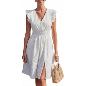 CUPSHE Women’s Lace Eyelet Midi Dress Smocked Waist Flutter Sleeve V Neck Dress Casual Summer Flowy A Line Sundress(White)