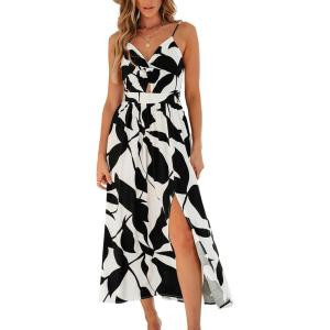 CUPSHE Women’s Long Dresses Summer Sleeveless Beach Casual Side Slit Spaghetti Straps Vacation Graduation Midi Dress(Black Printed)