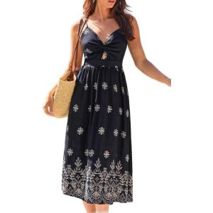 CUPSHE Women’s Long Dresses Summer Sleeveless Beach Casual Side Slit Spaghetti Straps Vacation Graduation Midi Dress(Navy Floral)