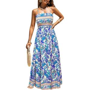CUPSHE Women’s Maxi Dress Ditsy Floral Smocked Summer Sundress Sleeveless Ruffled Spaghetti Straps Long Beach Formal Dress(Blue Purple)