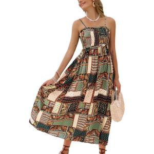 CUPSHE Women’s Maxi Dress Ditsy Floral Smocked Summer Sundress Sleeveless Ruffled Spaghetti Straps Long Beach Formal Dress(Light Green Paisley)