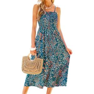 CUPSHE Women’s Maxi Dress Ditsy Floral Smocked Summer Sundress Sleeveless Ruffled Spaghetti Straps Long Beach Formal Dress(Navy Ditsy)
