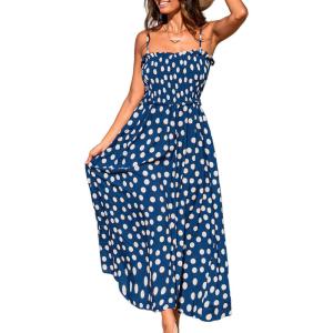 CUPSHE Women’s Maxi Dress Ditsy Floral Smocked Summer Sundress Sleeveless Ruffled Spaghetti Straps Long Beach Formal Dress(Navy Dots)