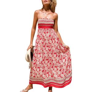 CUPSHE Women’s Maxi Dress Ditsy Floral Smocked Summer Sundress Sleeveless Ruffled Spaghetti Straps Long Beach Formal Dress(Red Tropical)