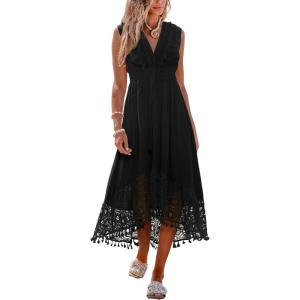 CUPSHE Women’s Maxi Dress V Neck Sleeveless Lace Tassel Smocked Waist Cover Up Beach Formal Long Dress(Black)