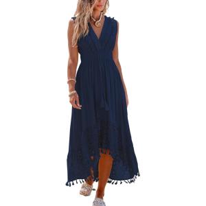 CUPSHE Women’s Maxi Dress V Neck Sleeveless Lace Tassel Smocked Waist Cover Up Beach Formal Long Dress(Navy Blue)
