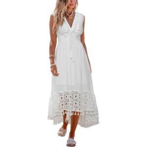 CUPSHE Women’s Maxi Dress V Neck Sleeveless Lace Tassel Smocked Waist Cover Up Beach Formal Long Dress(White)