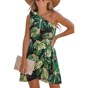 CUPSHE Women’s One Shoulder Leaf Print Self-tie Short Dress Sleeveless Tiered Hem Formal Dress Casual Mini Dress(Dark Green)