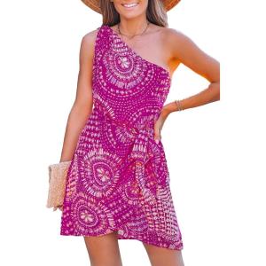 CUPSHE Women’s One Shoulder Leaf Print Self-tie Short Dress Sleeveless Tiered Hem Formal Dress Casual Mini Dress(Fuchsia Paisley)