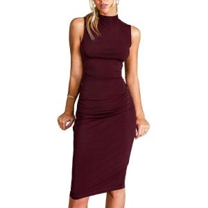 CUPSHE Women’s Party Dresses Sleeveless Knit Fitted High Neck Pleated Fall Outfit Casual Cocktail Wedding Guest Dress(Burgundy)