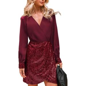 CUPSHE Women’s Sequin Cocktail Dress Sparkly Winter Holiday Party Long Sleeve V Neck Bodycon Mini Dresses(Red)