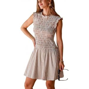 CUPSHE Women’s Sleeveless Plaid Mini Dress Casual Gingham Smocked Tank Dress Ruffle A Line Short Summer Dress(Brown White)