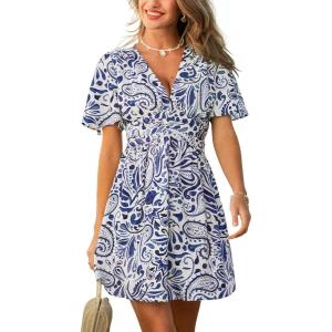 CUPSHE Women’s Summer Dresses Abstract Plunging V Neck Short Sleeve Elastic Waist Mini Dress(Sky Blue)