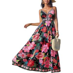 CUPSHE Women’s Summer Dresses Casual Spring V Neck Sleeveless Floral Beach Vacation Long Spaghetti Strap Flowy Maxi Dress(Black Floral)