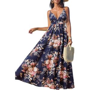 CUPSHE Women’s Summer Dresses Casual Spring V Neck Sleeveless Floral Beach Vacation Long Spaghetti Strap Flowy Maxi Dress(Navy Floral)
