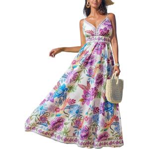 CUPSHE Women’s Summer Dresses Casual Spring V Neck Sleeveless Floral Beach Vacation Long Spaghetti Strap Flowy Maxi Dress(Purple Floral)