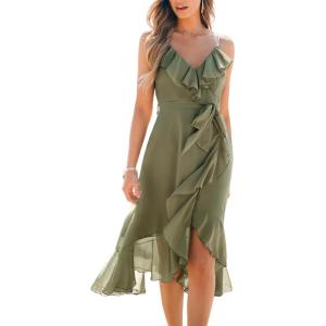 CUPSHE Women’s Summer Dresses Ruffled Sleeveless Spaghetti Straps Beach Midi Chiffon Bridesmaid Wedding Guest Dress(Olive Green)