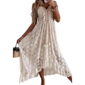 CUPSHE Women’s Summer Dresses Sleeveless Lace Casual Tassel Beach Spaghetti Straps Flowy Maxi Sun Dress(Beige)