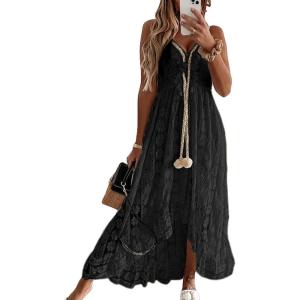 CUPSHE Women’s Summer Dresses Sleeveless Lace Casual Tassel Beach Spaghetti Straps Flowy Maxi Sun Dress(Black)