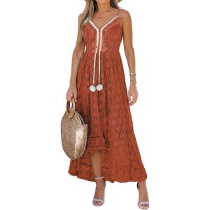 CUPSHE Women’s Summer Dresses Sleeveless Lace Casual Tassel Beach Spaghetti Straps Flowy Maxi Sun Dress(B-orange)