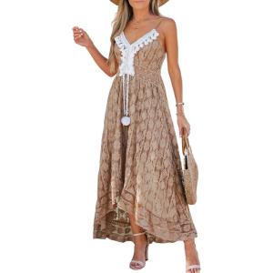 CUPSHE Women’s Summer Dresses Sleeveless Lace Casual Tassel Beach Spaghetti Straps Flowy Maxi Sun Dress(Brown)