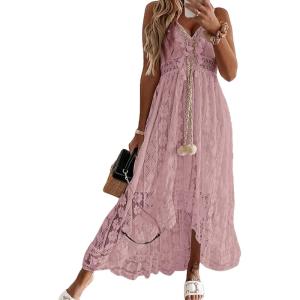 CUPSHE Women’s Summer Dresses Sleeveless Lace Casual Tassel Beach Spaghetti Straps Flowy Maxi Sun Dress(Pink)