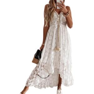 CUPSHE Women’s Summer Dresses Sleeveless Lace Casual Tassel Beach Spaghetti Straps Flowy Maxi Sun Dress(White)