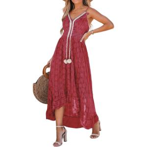CUPSHE Women’s Summer Dresses Sleeveless Lace Casual Tassel Beach Spaghetti Straps Flowy Maxi Sun Dress(Wine)