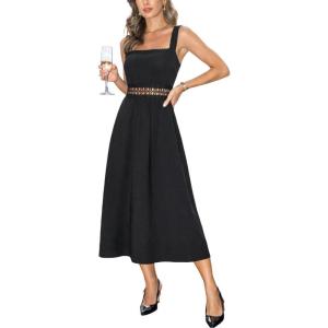 CUPSHE Women’s Summer Dresses Square Neck Hollow Out Sleeveless Scalloped Eyelet Lace Straps Midi Dress(Midnight Black)