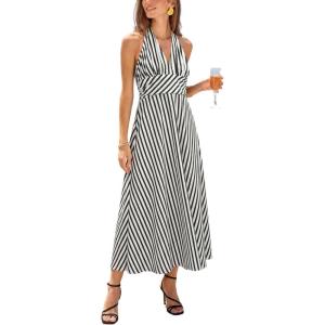 CUPSHE Women’s Summer Dresses Striped Halter Backless Plunging V Neck Beach Vacation Maxi Dress(Black)