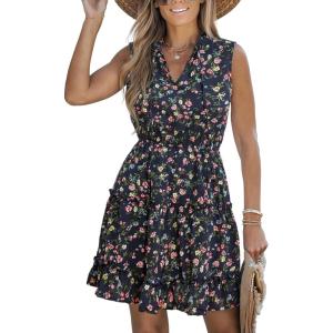 CUPSHE Womens Summer Dresses Tie Neck Sleeveless Tiered Ruffle A-Line Tunic Mini Dress(Black Floral)