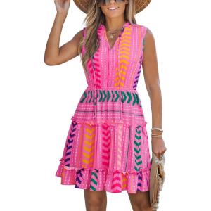 CUPSHE Womens Summer Dresses Tie Neck Sleeveless Tiered Ruffle A-Line Tunic Mini Dress(Rose Pink Patterned)