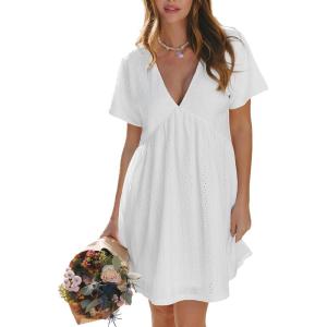 CUPSHE Women’s Summer Dresses V Neck Short Sleeve Hollow Out Ruffle Tunic Double Layer Vacation Mini Dress(White)