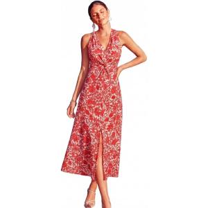 CUPSHE Women’s Summer Floral Midi Dress Sleeveless V Neck Twist Knot Front Flowy A Line Sundress for Beach Vacation(Red)