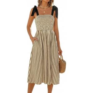 CUPSHE Womens Summer Smocked Midi Dress Striped Sleeveless Tie Shoulder Cami Dress Beach Flowy Long Sundress(Beige Brown)