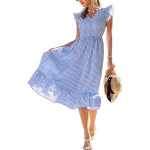 CUPSHE Women’s Summer Striped Sundress Flutter Sleeve V Neck Button Front Ruffle Midi Dress Flowy Beach Vacation Dresses(White Blue)