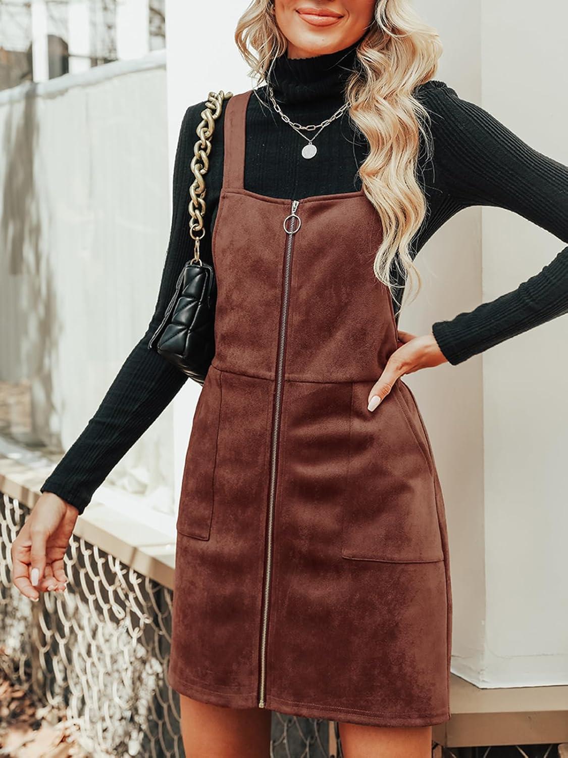 imageCUPSHE Faux Suede Mini Fall Dresses for Women Square Neck Pull Ring Zipper Front Pockets Wide Straps Casual Autumn DressBrown