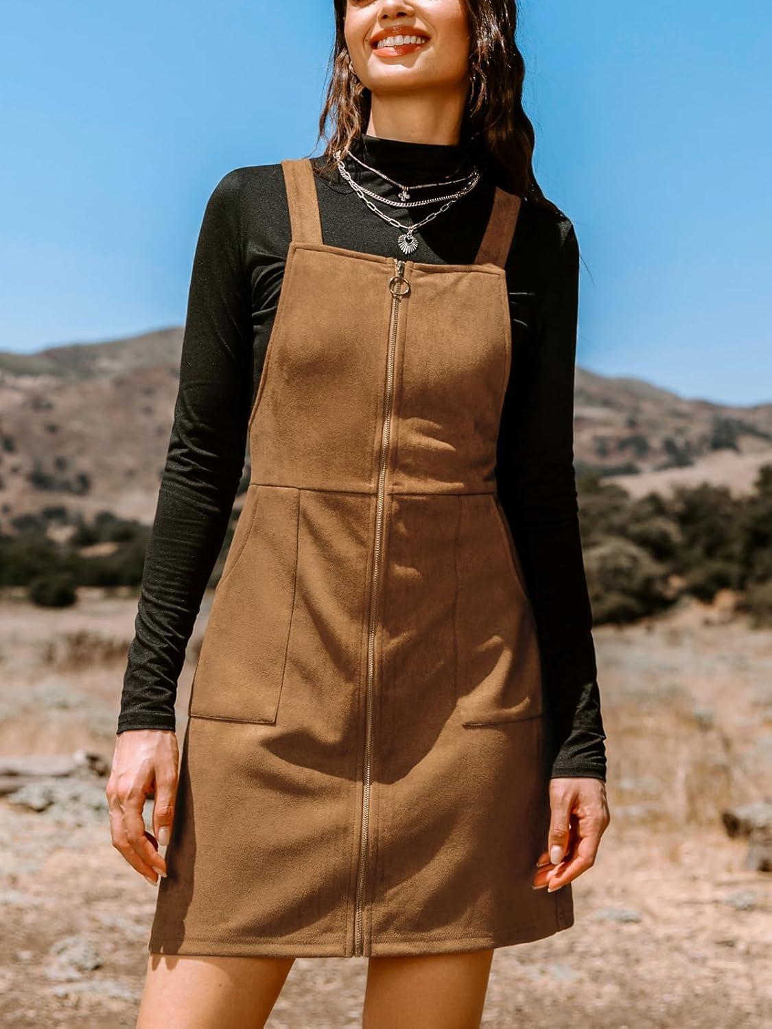 imageCUPSHE Faux Suede Mini Fall Dresses for Women Square Neck Pull Ring Zipper Front Pockets Wide Straps Casual Autumn DressBurnt Orange