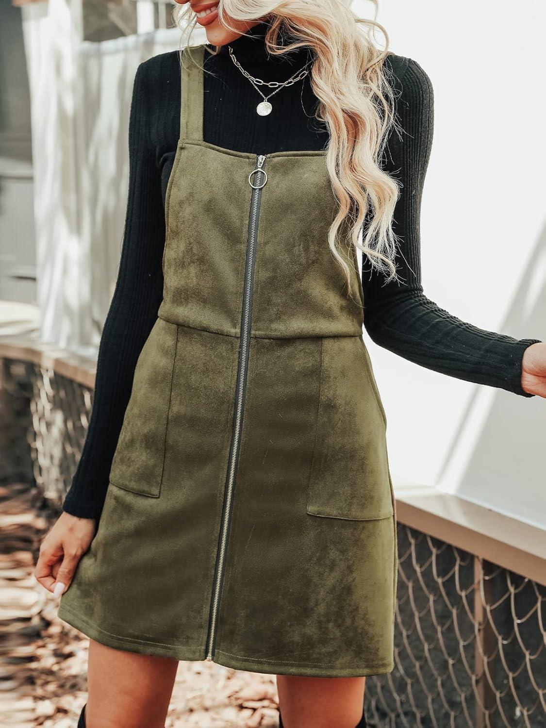imageCUPSHE Faux Suede Mini Fall Dresses for Women Square Neck Pull Ring Zipper Front Pockets Wide Straps Casual Autumn DressDark Green