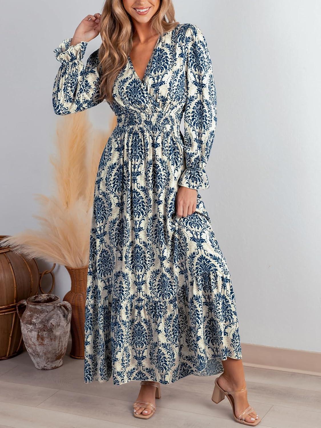 imageCUPSHE Maxi Dresses for Women V Neck Ruffled Long Sleeve Paisley Smocked Waist A Line Casual Flowy Fall Wedding Guest DressNavy Paisley