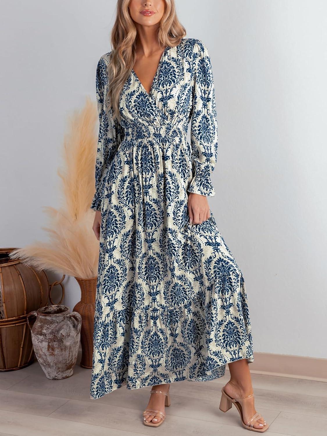 imageCUPSHE Maxi Dresses for Women V Neck Ruffled Long Sleeve Paisley Smocked Waist A Line Casual Flowy Fall Wedding Guest DressNavy Paisley