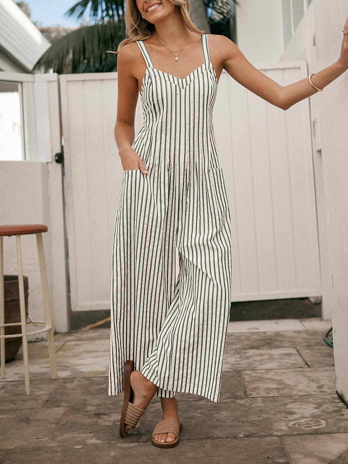 imageCUPSHE Maxi Jumpsuit for Women Striped Sleeveless Smocked Cutout Back Wide Leg Summer Casual Overall RomperBlack Striped