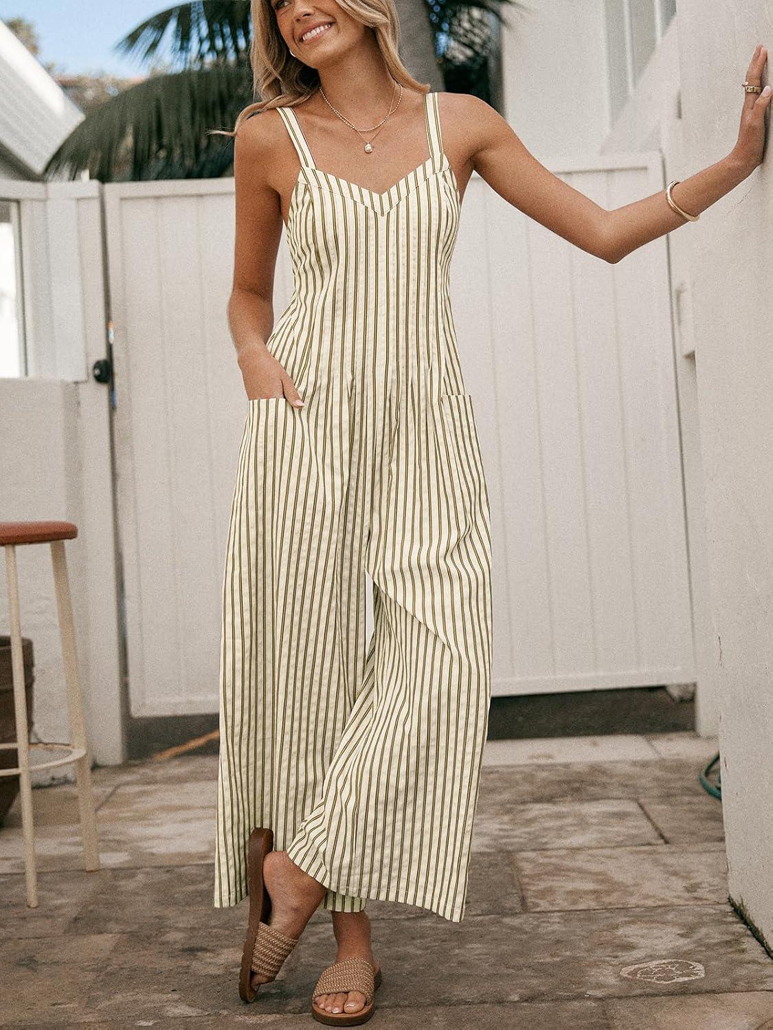 imageCUPSHE Maxi Jumpsuit for Women Striped Sleeveless Smocked Cutout Back Wide Leg Summer Casual Overall RomperBrown Striped