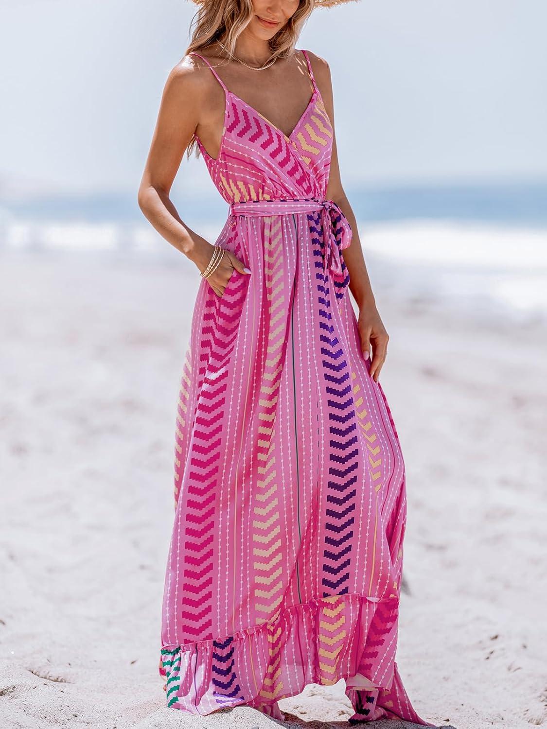 imageCUPSHE Women Maxi Dresses Spaghetti Straps V Neck Sleeveless Belted Beach Boho Ruffled Summer Pockets Vacation Casual DressPink Paisley