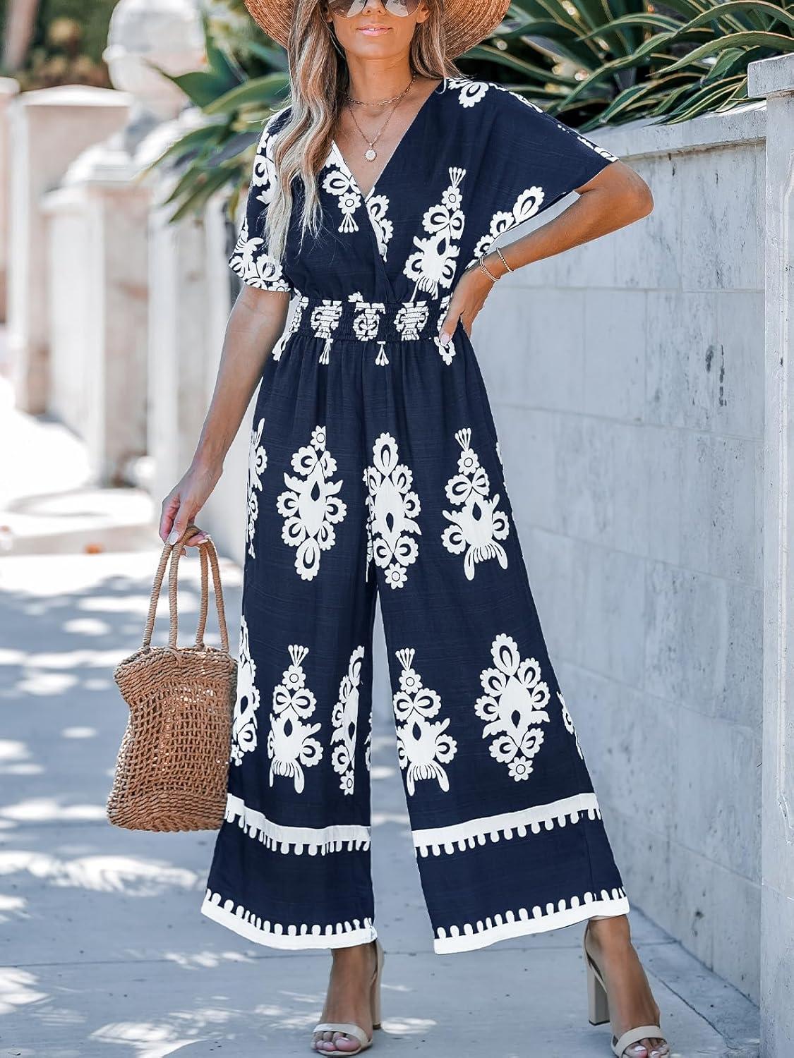 imageCUPSHE Women Paisley Summer Jumpsuits Beach Vacation V Neck Short Sleeve Smocked High Waist Wid Leg Jumpsuit with PocketsNavy Blue