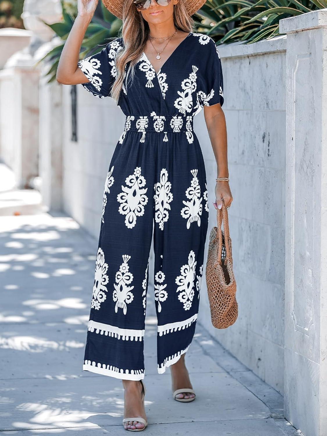 imageCUPSHE Women Paisley Summer Jumpsuits Beach Vacation V Neck Short Sleeve Smocked High Waist Wid Leg Jumpsuit with PocketsNavy Blue