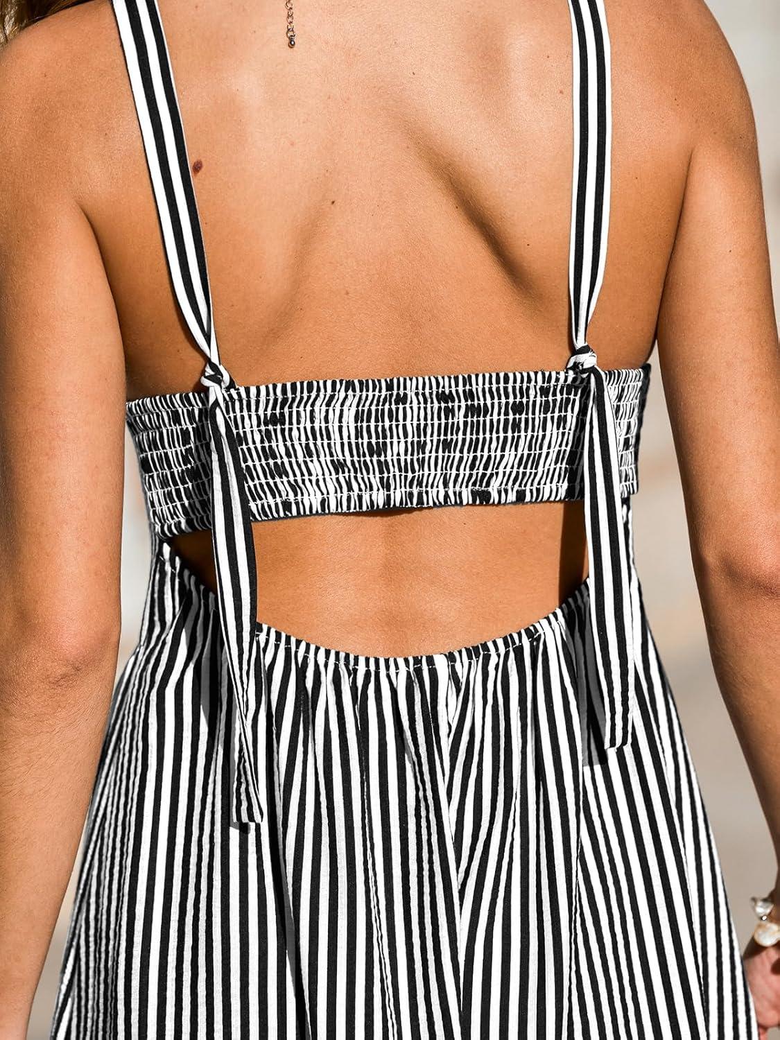 imageCUPSHE Womens Casual Summer Dresses Sleeveless Spaghetti Strap Striped Lightweight Mini Sundress Beach Vacation DressBlack Striped