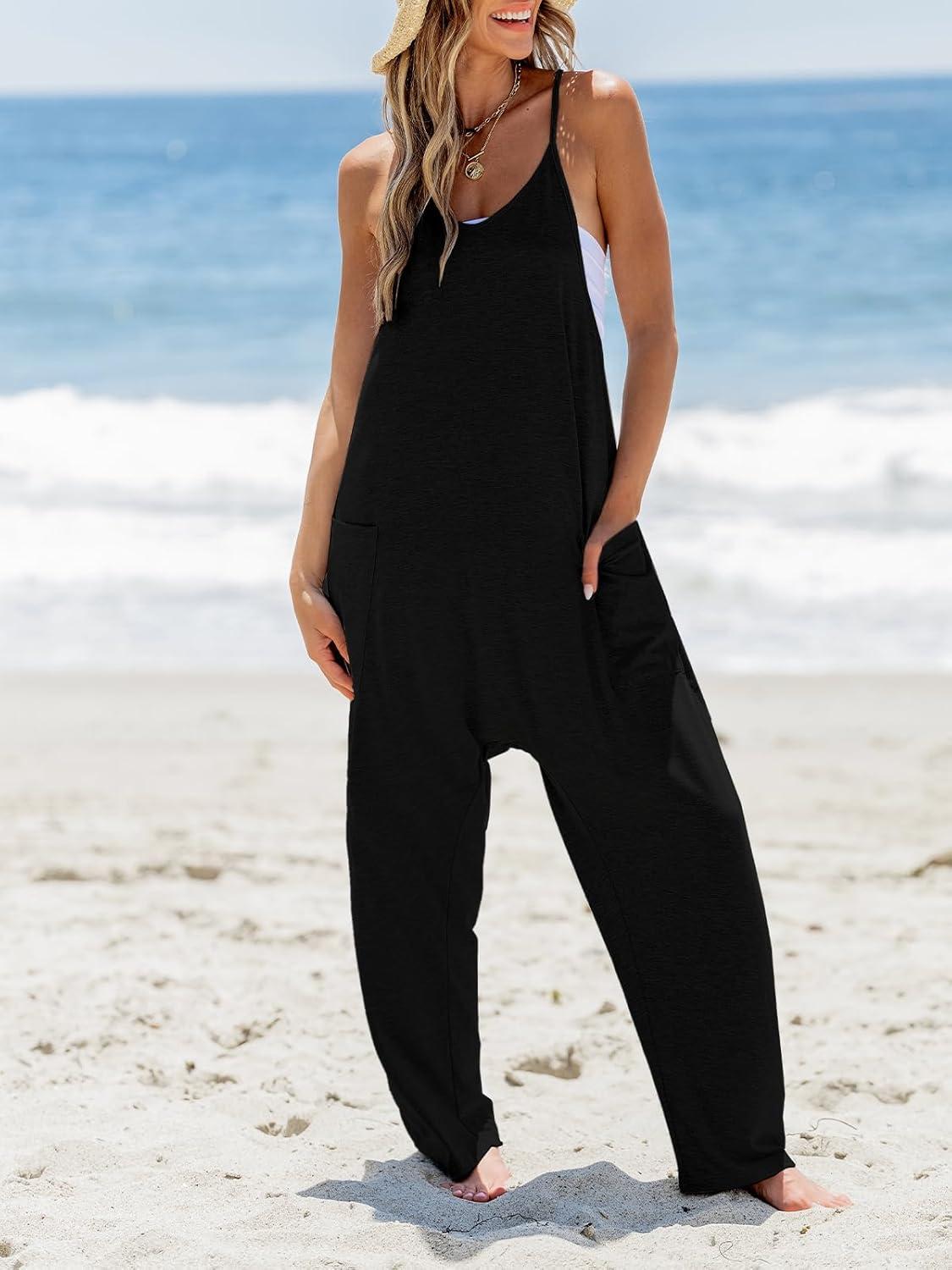 imageCUPSHE Womens Casual V Neck Spaghetti Straps Jumpsuit Sleeveles Baggy Long Pants Overall Outfit with PocketsBlack