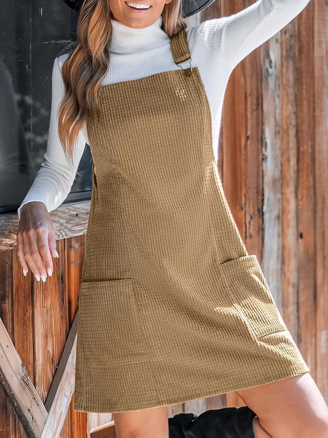 imageCUPSHE Womens Corduroy Overall Dress Square Neck A Line Fall Pinafore Mini Dress with PocketsKhaki